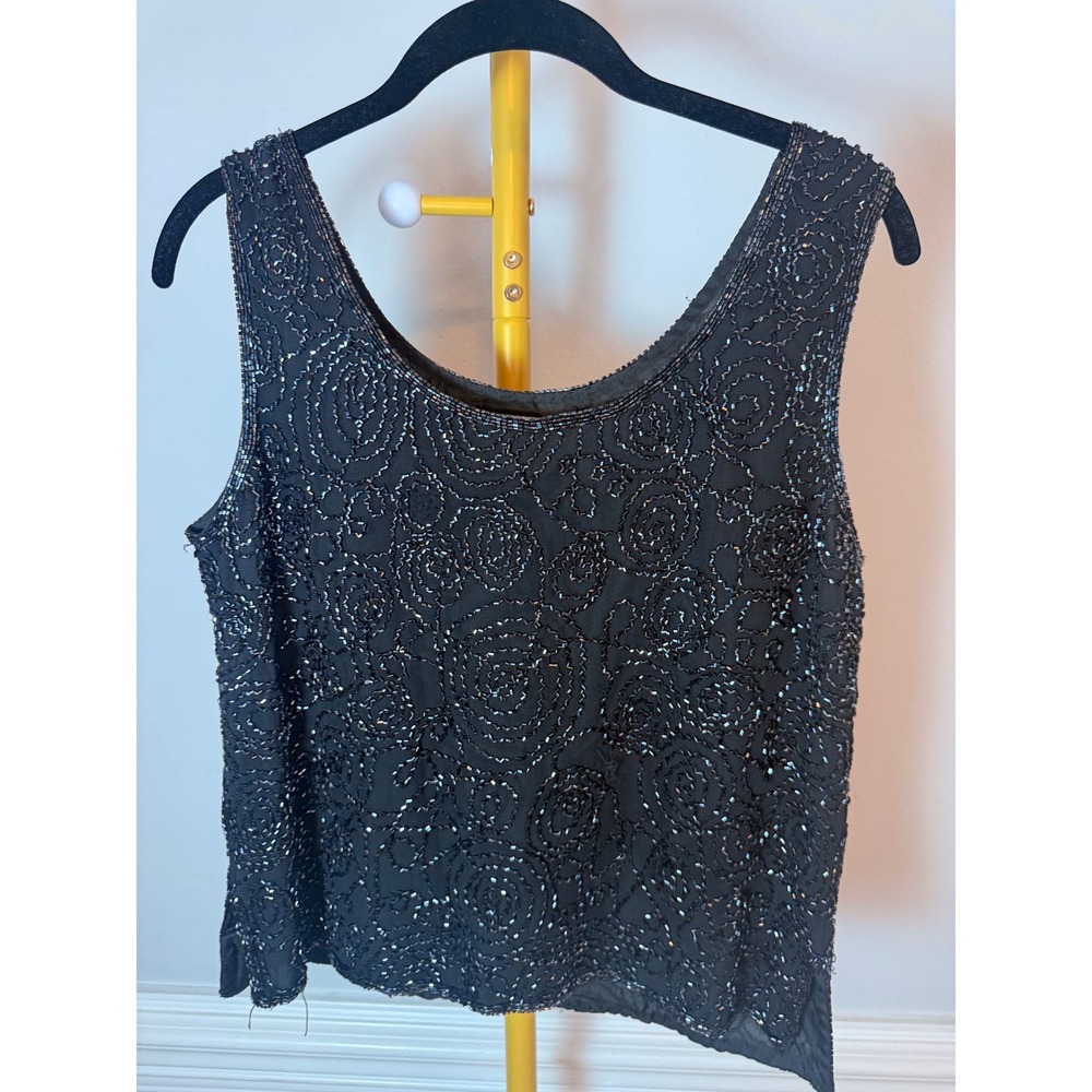 Papell Boutique Evening Black Silk Beaded Floral Tank Top Shell Womens Small
